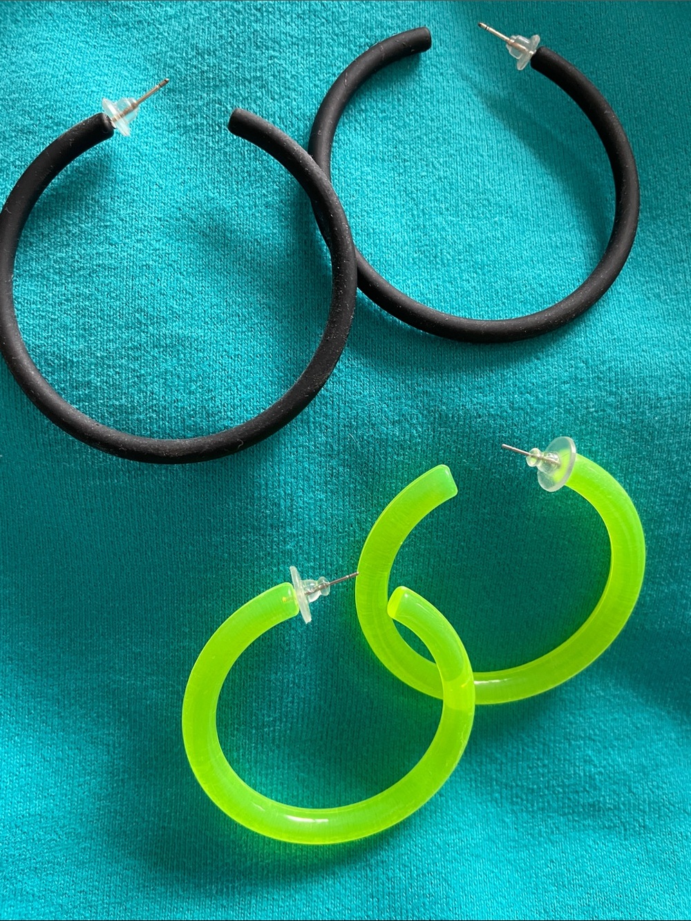 Set of Two Hoop Earring Pairs — Black & Neon Green